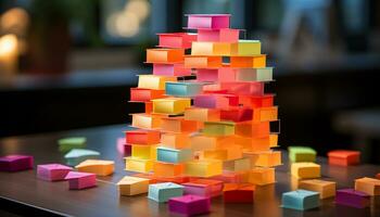 Toy block stack  childhood fun, education, vibrant colors, learning, architecture generated by AI photo