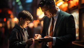 Two adult businessmen, father and son, bonding over wireless technology generated by AI photo