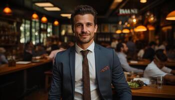 A confident businessman in a suit, smiling and looking at camera generated by AI photo