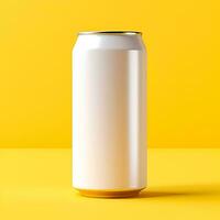 white aluminum cans isolated on yellow background. Mockup for soda water, soft drinks concept, be, Generative AI content,er. photo