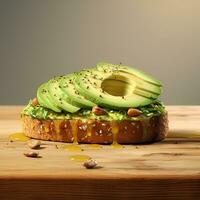 sliced avocado on spiced toast bread. Avocado toast on a wooden plate, copy space. Generative AI content photo