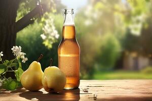 Banner ad for pear cider. illustration with a bottle, fruits on the background of a blooming garden. Generative AI content photo