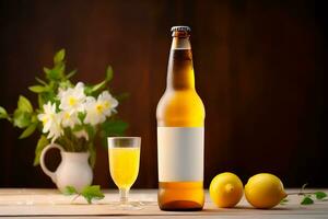 Banner ad for lemon drink. illustration with a bottle, fruits on the background of a blooming garden., Generative AI content, photo