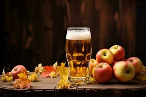 Healthy organic food. Apple cider in a glass glass and red apples. Background - autumn garden. Generative AI content photo