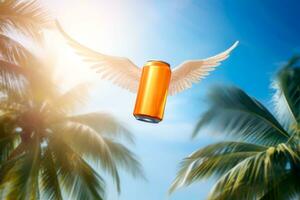 yellow can of beer with wings in the sky. light beer, Generative AI content, photo