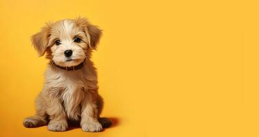 Illustration, cute puppy on a yellow background. copy space right for text.Generative AI content photo
