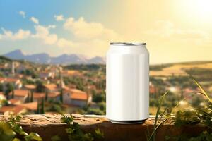 Mockup of a white aluminum can with a refreshing drink or beer. Beautiful summer background and sky. copy space. Generative AI content photo