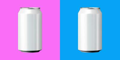 two aluminum white soda cans isolated on a pink and blue background. Beer can with edging. Generative AI content photo