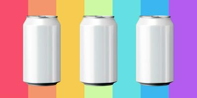 Banner, close-up of three aluminum cans, on a rainbow background, LGBT concept. copy space. Generative AI content photo