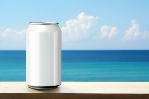 Mockup white aluminum can with refreshing drink or beer. Beautiful sea background and sky. copy space. Generative AI content photo