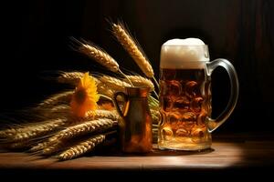 Beer in a jug with wheat and malt on a wooden table. Oktouberfest beer making festival, Generative AI content, photo