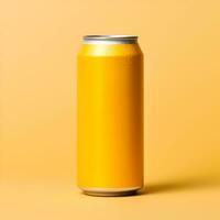 Yellow aluminum cans isolated on yellow background. Mockup for soda water, soft drinks concept, beer., Generative AI content, photo