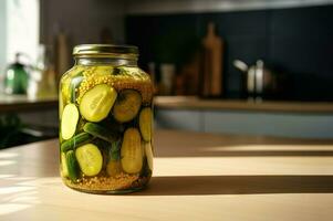 Jar with canned cucumbers and spices on a wooden board after cooking. Place for an inscription or advertising.  Generative AI content, photo