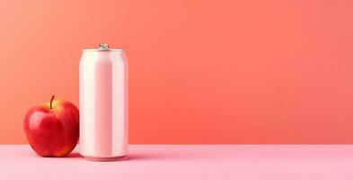 long banner, on a pink background an aluminum can of apple cider and apples. copy space for design, Generative AI content, photo