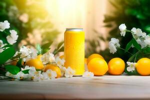 Banner ad for lemon drink. illustration with a metal can, fruits on the background of a blooming garden., Generative AI content, photo