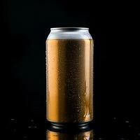 mockup, golden aluminum can on black background. Template for alcohol drink Generative AI content photo