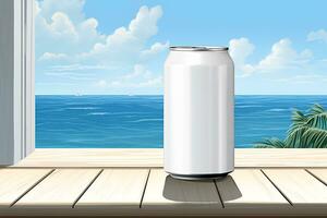 Mockup white aluminum can with refreshing drink or beer. Beautiful sea background and sky. copy space. Generative AI content photo