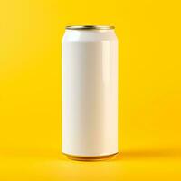 white aluminum cans isolated on yellow background. Mockup for soda water, soft drinks concept, beer., Generative AI content, photo