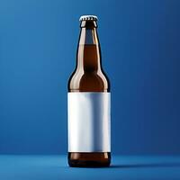 Mockup, bottle of beer with a white label on a blue background.. Generative AI content photo