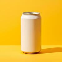 blanco aluminio latas aislado en amarillo antecedentes. Bosquejo para soda agua, suave bebidas concepto, cerveza., generativo ai contenido, foto