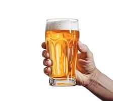 Generative AI content. Close-up of a man's hand holding a glass of beer on a white background, isolated object, copy space. photo