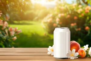 Banner ad for peach drink. illustration with a jar, fruits on the background of a blooming garden. Generative AI content photo