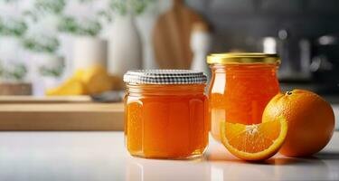 orange jam in a glass jar, fresh oranges on a gray concrete background. Generative AI content, photo