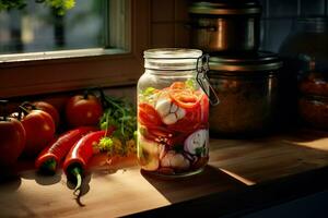 Jar of assorted brined lacto-fermented pickles on a wooden table with desaturated background. Generative AI content, photo