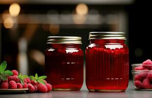 Jar of raspberry jam and fresh berries with leaves on a pine stump. Copy space. Generative AI content, photo