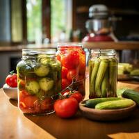 envase y fermentación de vegetales. en escabeche pepinos y Tomates en frascos en un brillante cocina cerca el ventana. generativo ai contenido, foto