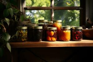envase y fermentación de vegetales. en escabeche pepinos y Tomates en frascos en un brillante cocina cerca el ventana. generativo ai contenido, foto