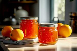 orange jam in a glass jar, fresh oranges on a gray concrete background. Generative AI content, photo