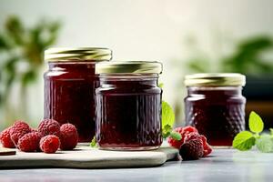 Raspberry jam with berry on light background. Homemade jam with raspberry. Generative AI content, photo