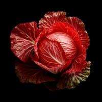 Fresh head of red cabbage with many leaves growing in home garden. Top view, close-up. organic farming, healthy eating. Generative AI content, photo