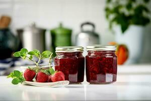 Raspberry jam with berry on light background. Homemade jam with raspberry. Generative AI content, photo