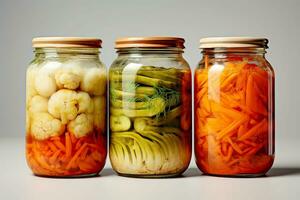 Tres frascos de en escabeche vegetales. comida conservación para otoño y invierno. un de cerca. generativo ai contenido, foto