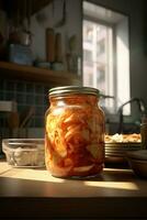 kimchi en un aislado vaso frasco. picante kimchi caliente fermentado napa repollo, tradicional jimchi, coreano invierno comida kimchi. generativo ai contenido, foto