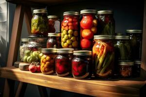 canning and fermentation of vegetables. Pickled cucumbers and tomatoes in jars in a bright kitchen near the window. Generative AI content, photo