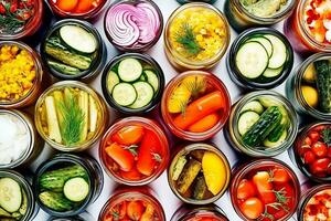 Fermented food overhead flat lay shot. Homemade vegetable preserves. Sauerkraut, pickles, kimchi etc in glass jars. Generative AI content, photo