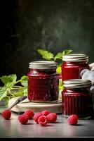 Raspberry jam with berry on light background. Homemade jam with raspberry. Generative AI content, photo