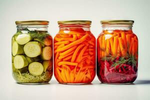 Three jars of pickled vegetables. Food conservation for autumn and winter. A close-up. Generative AI content, photo