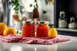 orange jam in a glass jar, fresh oranges on a gray concrete background. Generative AI content, photo