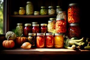 Generative AI content, canning and fermentation of vegetables. Pickled cucumbers and tomatoes in jars in a bright kitchen near the window photo