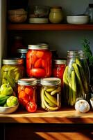 envase y fermentación de vegetales. en escabeche pepinos y Tomates en frascos en un brillante cocina cerca el ventana.generativa ai contenido, foto