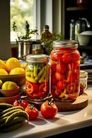 envase y fermentación de vegetales. en escabeche pepinos y Tomates en frascos en un brillante cocina cerca el ventana. generativo ai contenido, foto