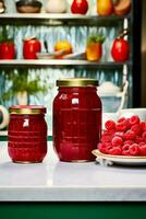 Jar of raspberry jam and fresh berries with leaves on a pine stump. Copy space. photo