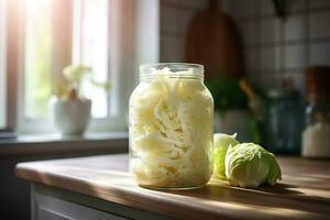 Pickled cabbage, sauerkraut with carrots in glass jar on dark wooden table, rustic style, selective focus. Generative AI content, photo