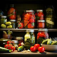 envase y fermentación de vegetales. en escabeche pepinos y Tomates en frascos en un brillante cocina cerca el ventana. generativo ai contenido, foto