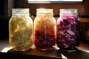 Generative AI content, Pickled cabbage, sauerkraut with carrots in glass jar on dark wooden table, rustic style, selective focus photo