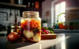 generativo ai contenido, un tarro de clasificado salado fermentado verduras, zanahorias y ajo en un de madera mesa con un desaturado antecedentes foto